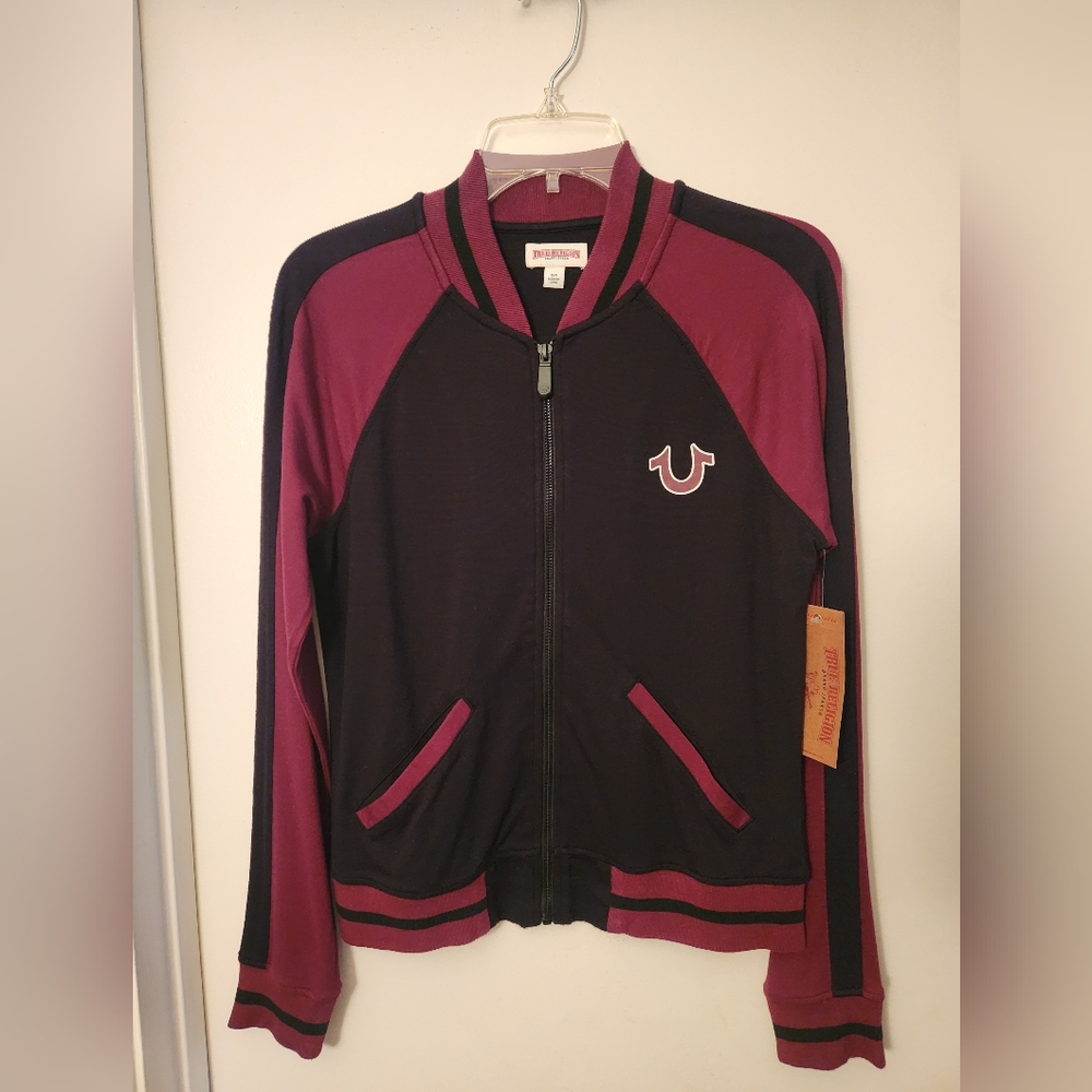 Black & Burgundy Raglan Bomber Jacket from True Religion, Size Small